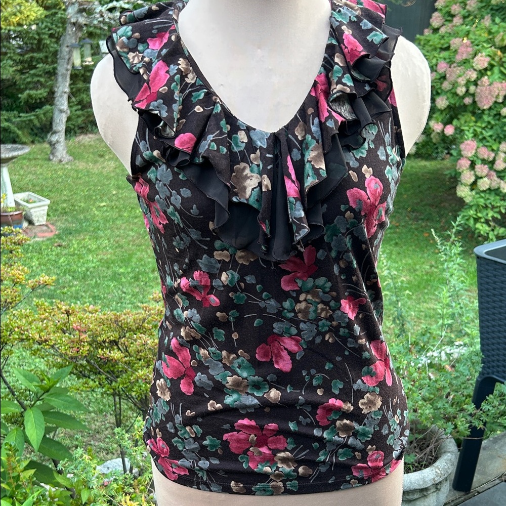 Ralph Lauren Black Floral Ruffle Blouse